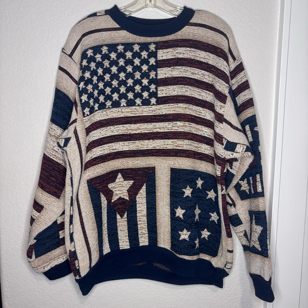 Vintage Sugar Street Weavers Americana Flag Crewneck Sweater - Navy and‎ Cream